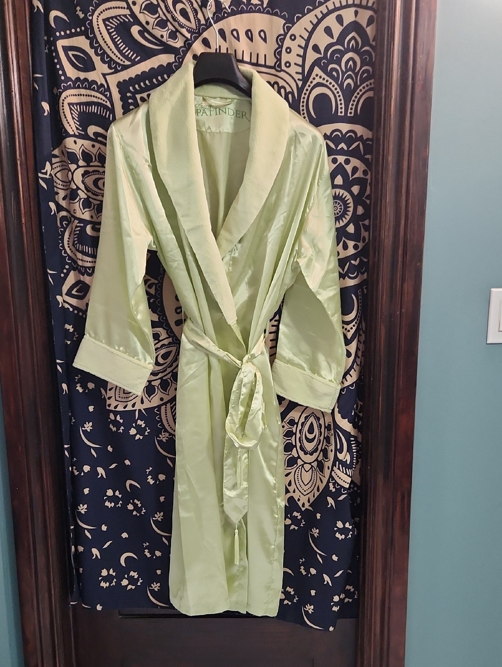 Faux Satin Shawl-Collar Robe in Pale Green by Spafinder